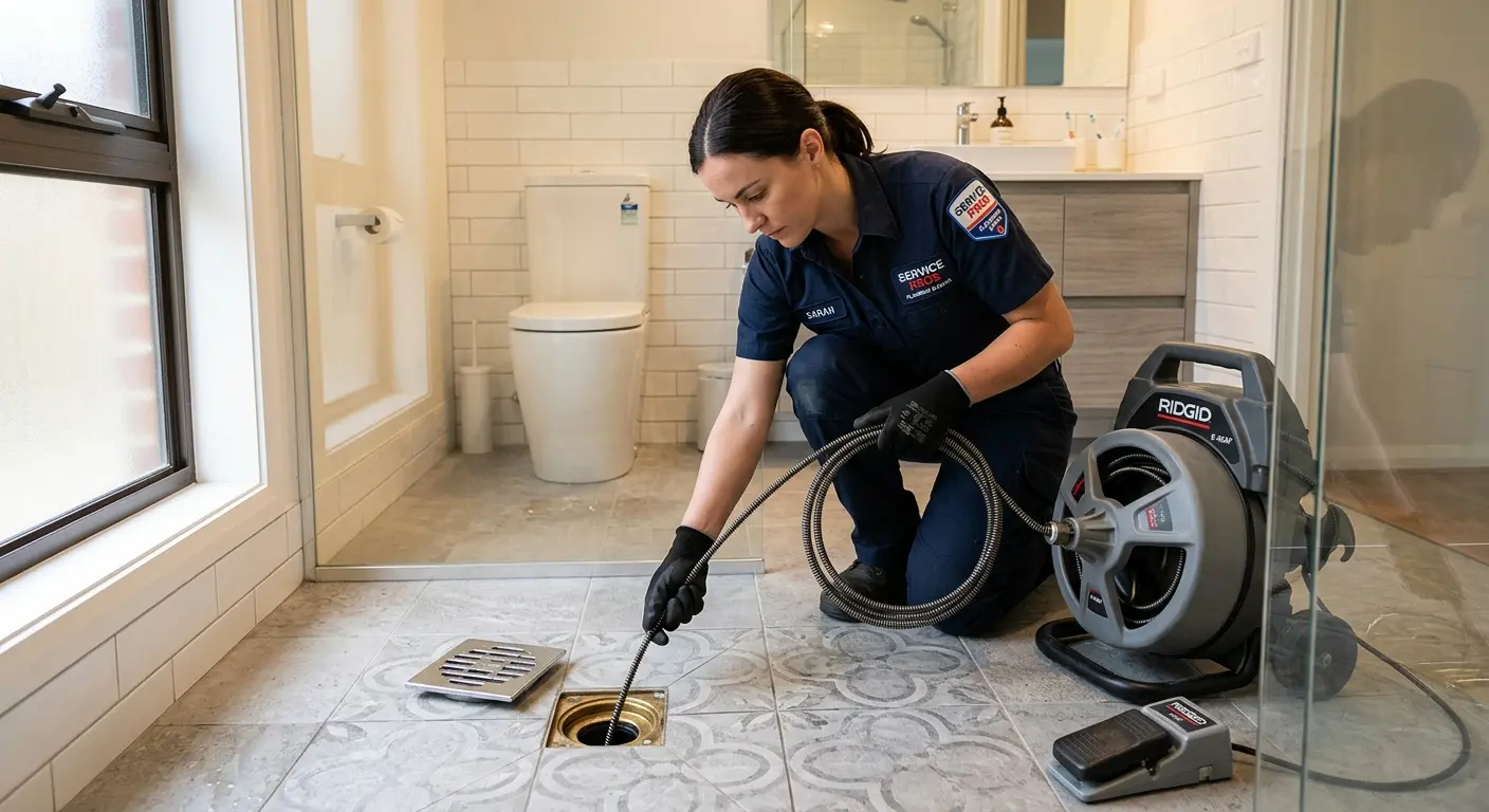 Technician clearing a bathroom floor drain for Sewer Line Installation in Richton Park